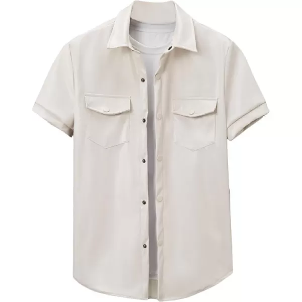 WDIRARA Men's Pu Leather Flap Pocket Short Sleeve Button Up Shirt Party Collar Top