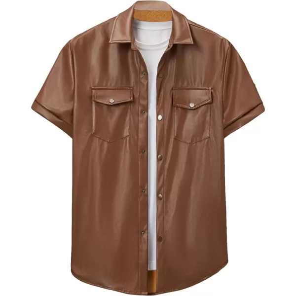WDIRARA Men's Pu Leather Flap Pocket Short Sleeve Button Up Shirt Party Collar Top