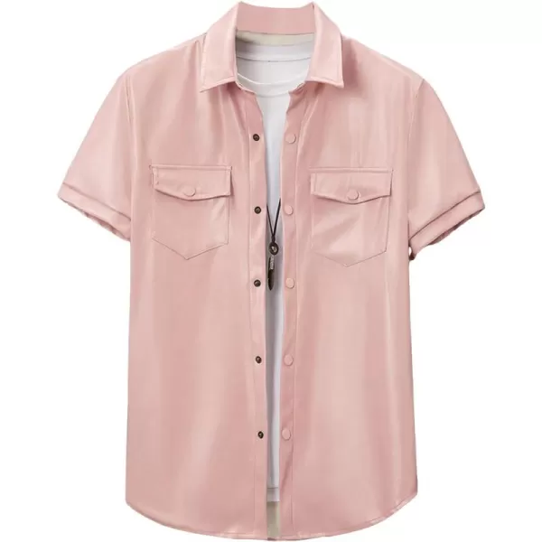 WDIRARA Men's Pu Leather Flap Pocket Short Sleeve Button Up Shirt Party Collar Top