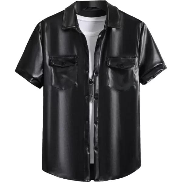 WDIRARA Men's Pu Leather Flap Pocket Short Sleeve Button Up Shirt Party Collar Top