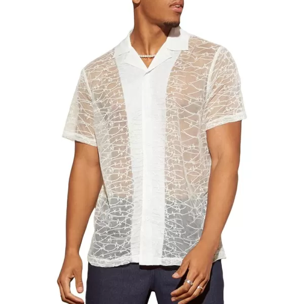 WDIRARA Men's Sheer Mesh Lapel Collar Short Sleeve Button Up Shirt See Throught Tops
