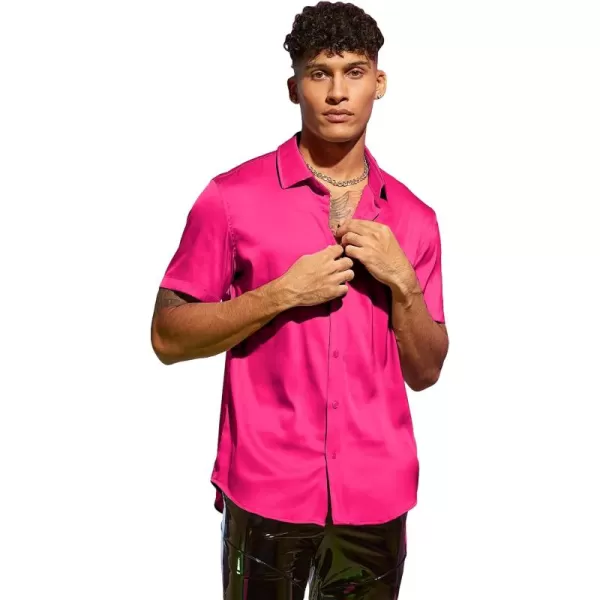 WDIRARA Men's Stand Collar Button Down Shirt Short Sleeve Button Front Top Satin Blouse
