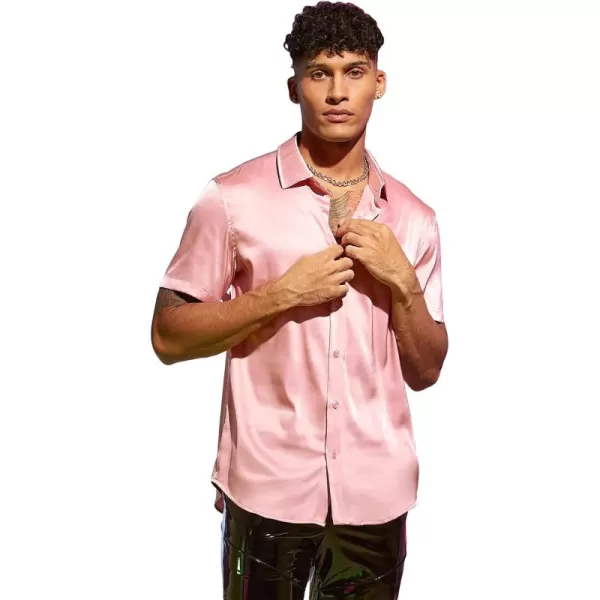 WDIRARA Men's Stand Collar Button Down Shirt Short Sleeve Button Front Top Satin Blouse