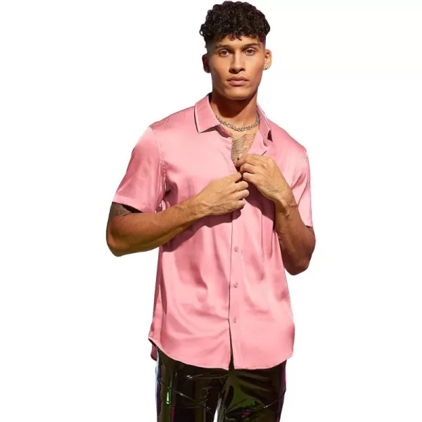 WDIRARA Men's Stand Collar Button Down Shirt Short Sleeve Button Front Top Satin Blouse