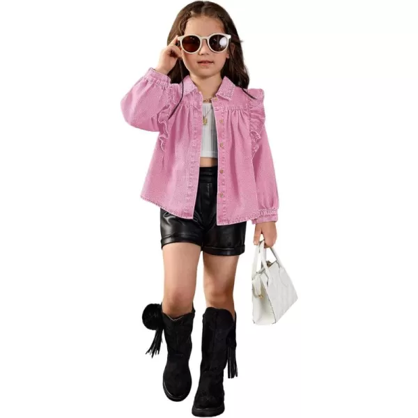 WDIRARA Toddler Girl's Ruffle Trim Collared Long Sleeve Button Up Denim Shirt Jacket