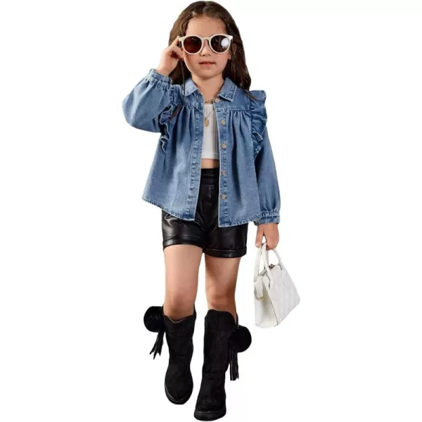 WDIRARA Toddler Girl's Ruffle Trim Collared Long Sleeve Button Up Denim Shirt Jacket
