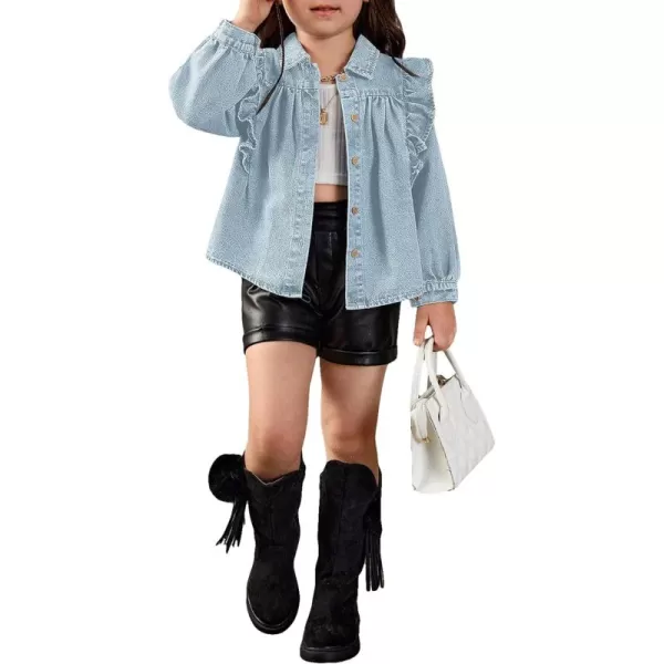 WDIRARA Toddler Girl's Ruffle Trim Collared Long Sleeve Button Up Denim Shirt Jacket