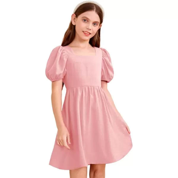 WDIRARA Toddler Girl's Square Neck Short Puff Sleeve A Line Flared Tie Back Cute Mini Dress