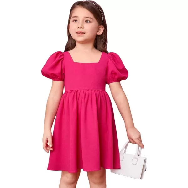 WDIRARA Toddler Girl's Square Neck Short Puff Sleeve A Line Flared Tie Back Cute Mini Dress