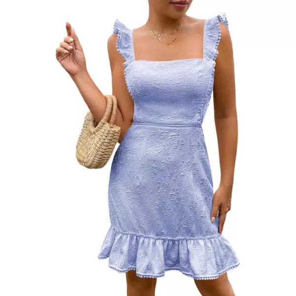 WDIRARA Women's Boho Backless Knot Ruffle Hem High Waist Trim Textured Mini Dress