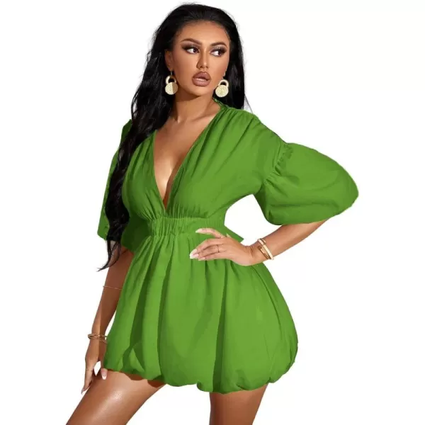 WDIRARA Women's Deep V Neck Puff Sleeve High Rise Flare Dress Elastic Waist Dress