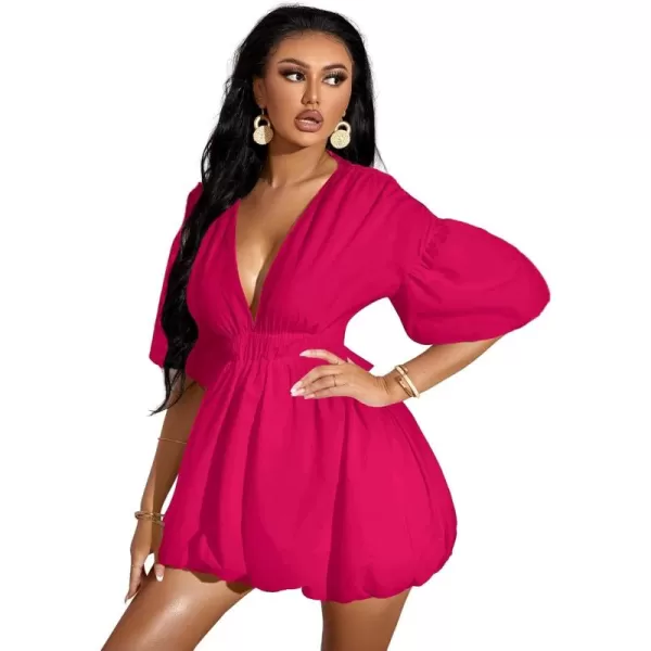 WDIRARA Women's Deep V Neck Puff Sleeve High Rise Flare Dress Elastic Waist Dress