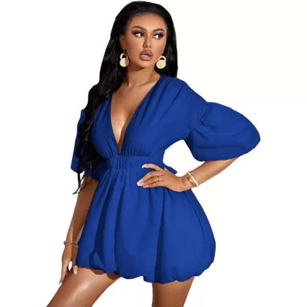 WDIRARA Women's Deep V Neck Puff Sleeve High Rise Flare Dress Elastic Waist Dress