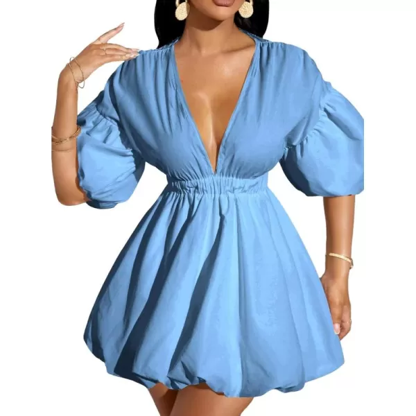 WDIRARA Women's Deep V Neck Puff Sleeve High Rise Flare Dress Elastic Waist Dress