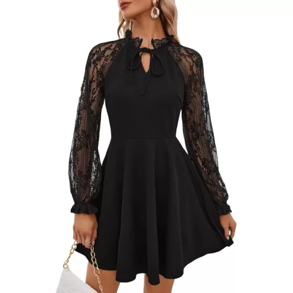 WDIRARA Women's Floral Lace Tie Front V Neck Long Sleeve Flare Hem A Line Short Dress