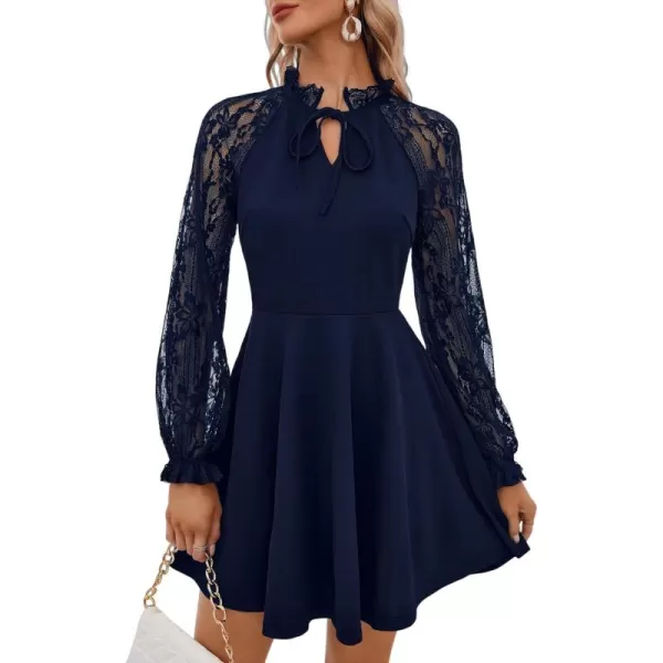 WDIRARA Women's Floral Lace Tie Front V Neck Long Sleeve Flare Hem A Line Short Dress