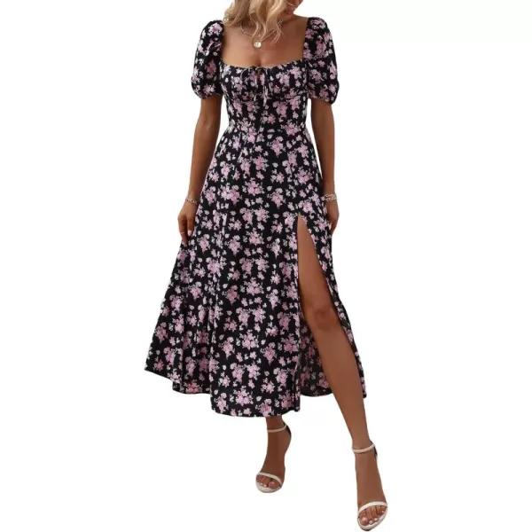 WDIRARA Women's Floral Print Tie Front Square Neck Short Sleeve Split Thigh Dress