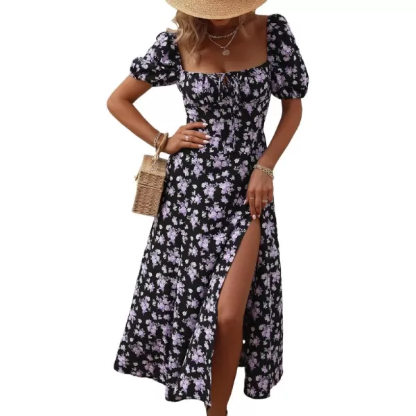 WDIRARA Women's Floral Print Tie Front Square Neck Short Sleeve Split Thigh Dress