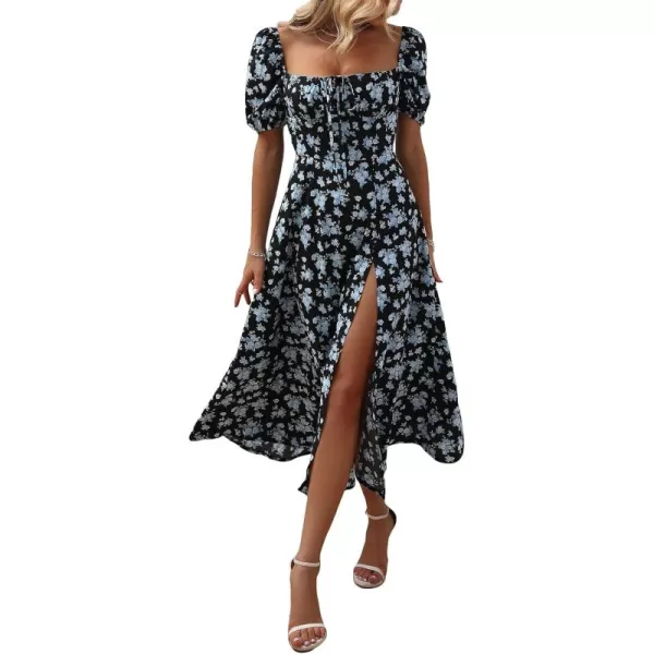 WDIRARA Women's Floral Print Tie Front Square Neck Short Sleeve Split Thigh Dress