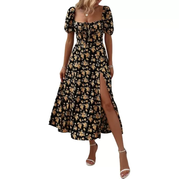WDIRARA Women's Floral Print Tie Front Square Neck Short Sleeve Split Thigh Dress