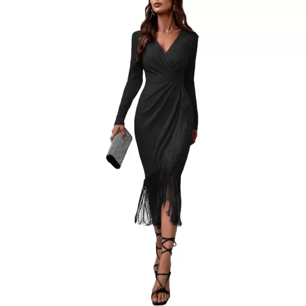 WDIRARA Women's Fringe Wrap Ruched V Neck Long Sleeve Solid Bodycon Party Maxi Dress