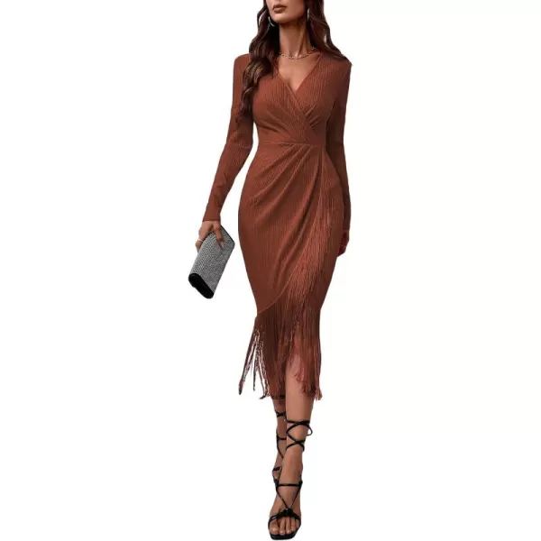WDIRARA Women's Fringe Wrap Ruched V Neck Long Sleeve Solid Bodycon Party Maxi Dress