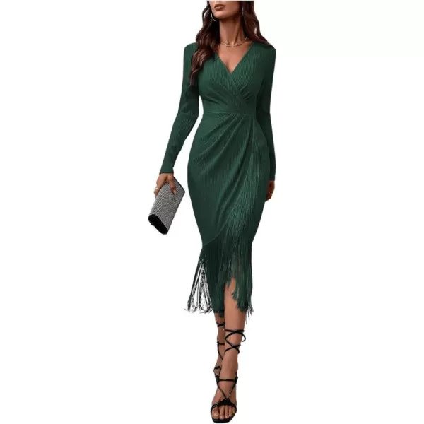 WDIRARA Women's Fringe Wrap Ruched V Neck Long Sleeve Solid Bodycon Party Maxi Dress