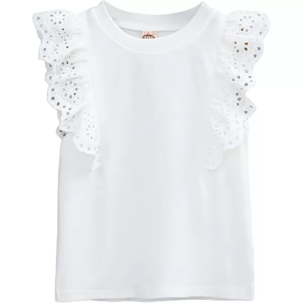 WDIRARA Women's Girls White Blouse Ruffle Cap Sleeve Plain Blank Round Neck Tie Back Summer Casual Blouses 2-7Y