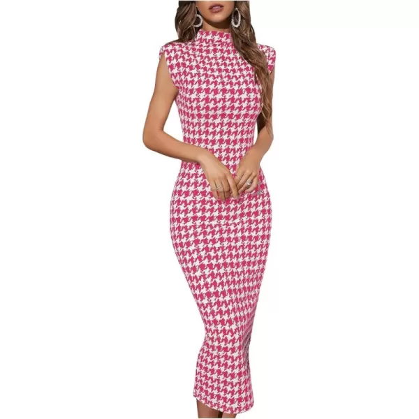 WDIRARA Women's Houndstooth Mock Neck Sleeveless Shoulder Pads Bodycon Dress