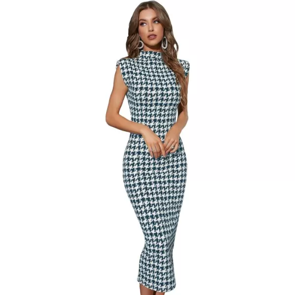 WDIRARA Women's Houndstooth Mock Neck Sleeveless Shoulder Pads Bodycon Dress