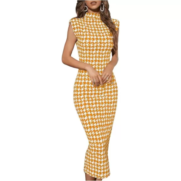 WDIRARA Women's Houndstooth Mock Neck Sleeveless Shoulder Pads Bodycon Dress
