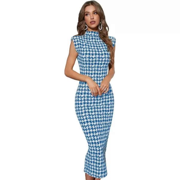 WDIRARA Women's Houndstooth Mock Neck Sleeveless Shoulder Pads Bodycon Dress