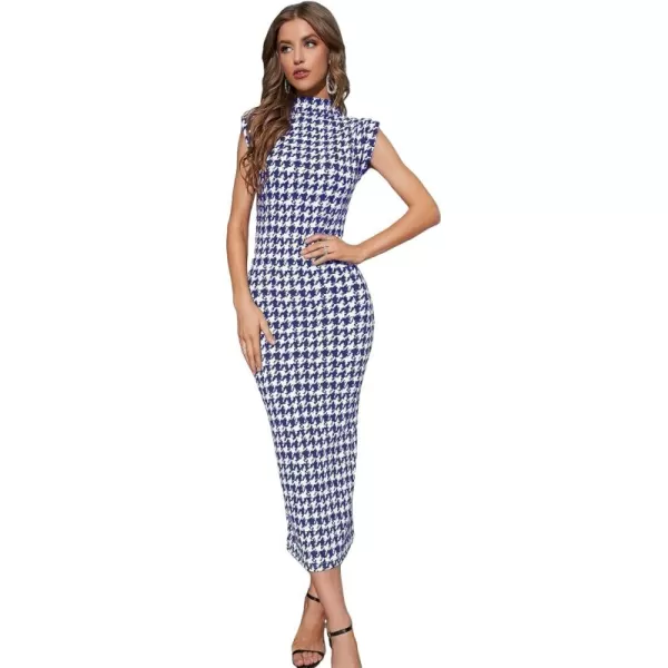 WDIRARA Women's Houndstooth Mock Neck Sleeveless Shoulder Pads Bodycon Dress