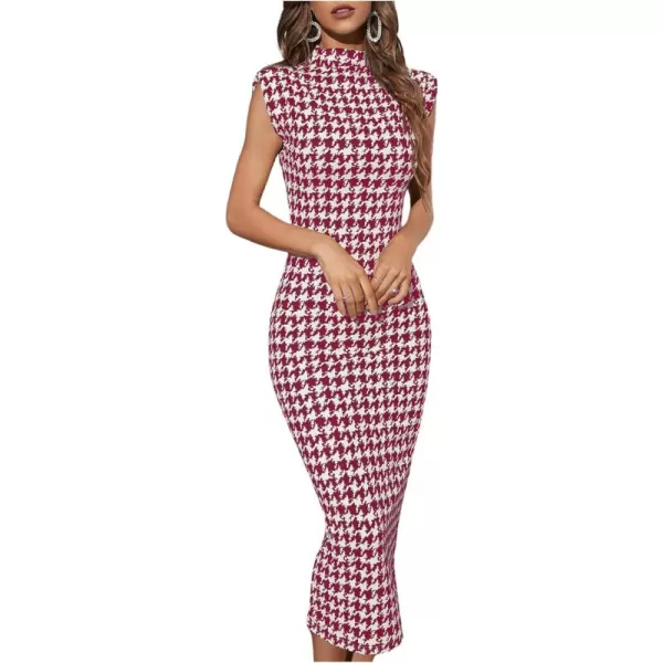 WDIRARA Women's Houndstooth Mock Neck Sleeveless Shoulder Pads Bodycon Dress