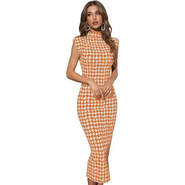 WDIRARA Women's Houndstooth Mock Neck Sleeveless Shoulder Pads Bodycon Dress