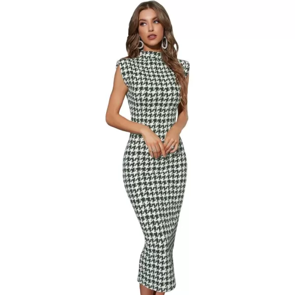 WDIRARA Women's Houndstooth Mock Neck Sleeveless Shoulder Pads Bodycon Dress