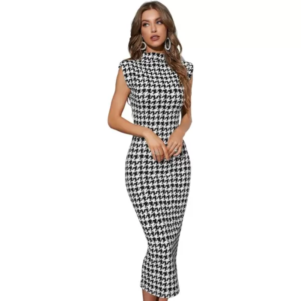 WDIRARA Women's Houndstooth Mock Neck Sleeveless Shoulder Pads Bodycon Dress
