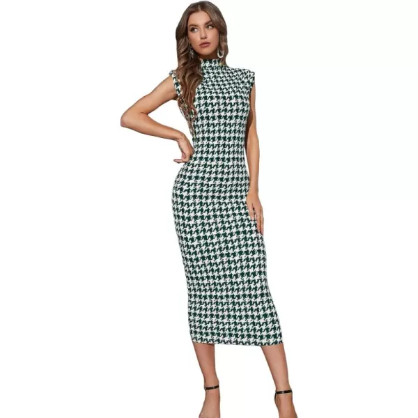 WDIRARA Women's Houndstooth Mock Neck Sleeveless Shoulder Pads Bodycon Dress