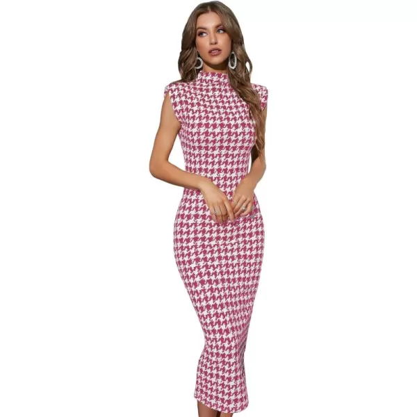WDIRARA Women's Houndstooth Mock Neck Sleeveless Shoulder Pads Bodycon Dress