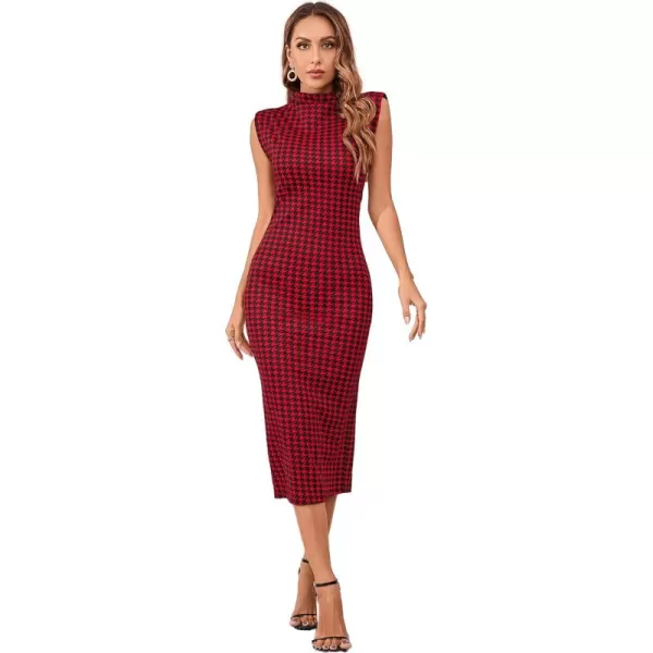 WDIRARA Women's Houndstooth Mock Neck Sleeveless Shoulder Pads Bodycon Dress