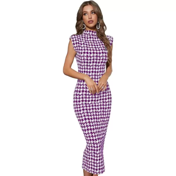 WDIRARA Women's Houndstooth Mock Neck Sleeveless Shoulder Pads Bodycon Dress