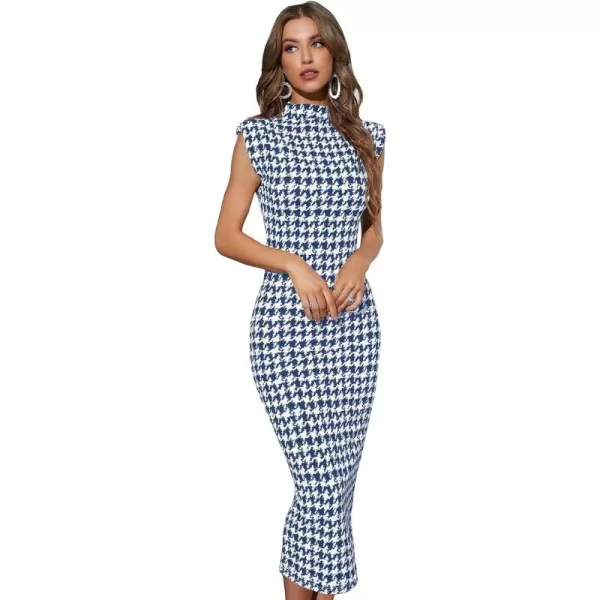WDIRARA Women's Houndstooth Mock Neck Sleeveless Shoulder Pads Bodycon Dress