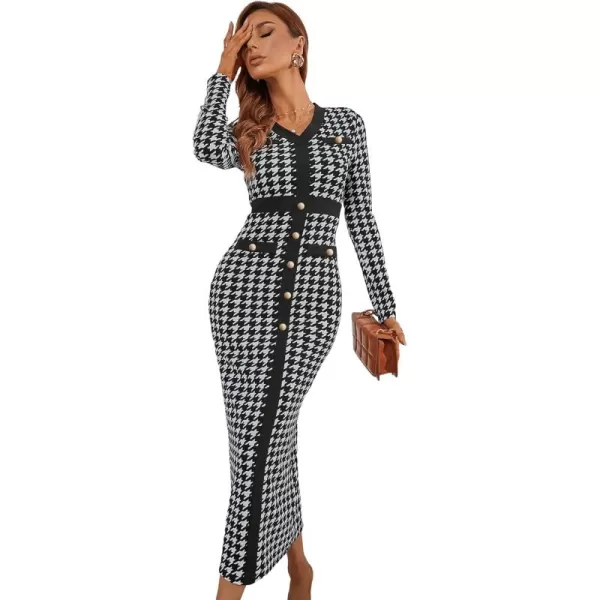 WDIRARA Women's Houndstooth Plaid V Neck Split Hem Belted Button Long Sleeve Bodycon Church Pencil Maxi Dress