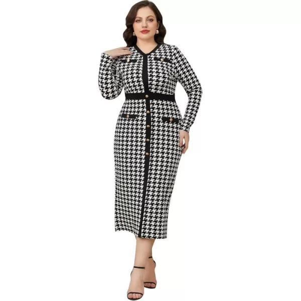 WDIRARA Women's Houndstooth Plaid V Neck Split Hem Belted Button Long Sleeve Bodycon Church Pencil Maxi Dress