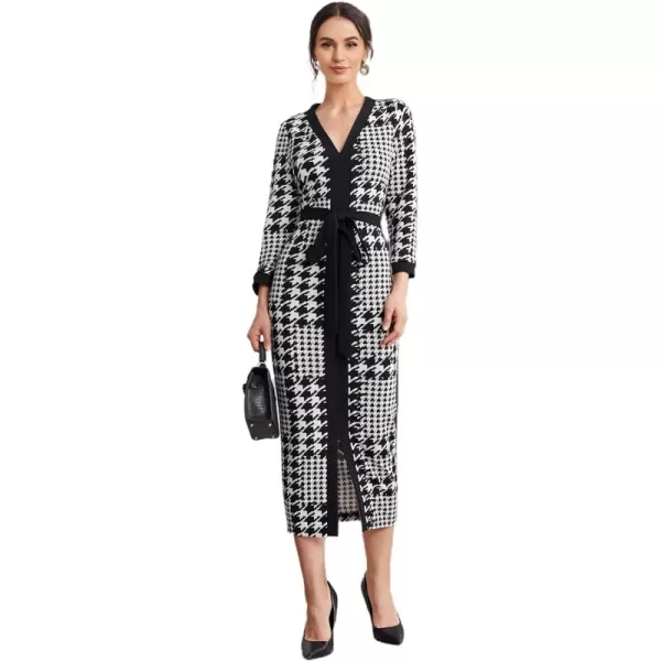 WDIRARA Women's Houndstooth Plaid V Neck Split Hem Belted Button Long Sleeve Bodycon Church Pencil Maxi Dress