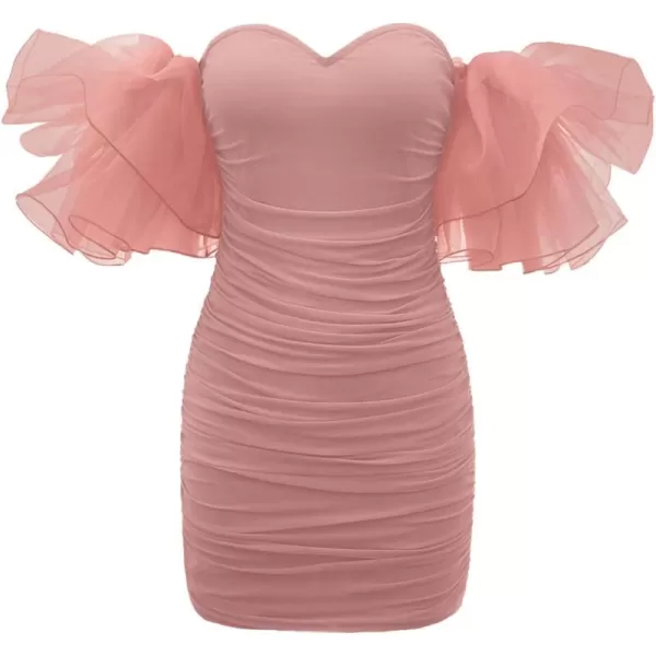WDIRARA Women's Off Shoulder Prom Dress Puff Sleeve Ruched Mesh Cocktail Bodycon Party Elegant Mini Dresses