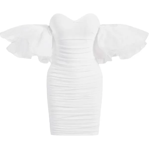 WDIRARA Women's Off Shoulder Prom Dress Puff Sleeve Ruched Mesh Cocktail Bodycon Party Elegant Mini Dresses