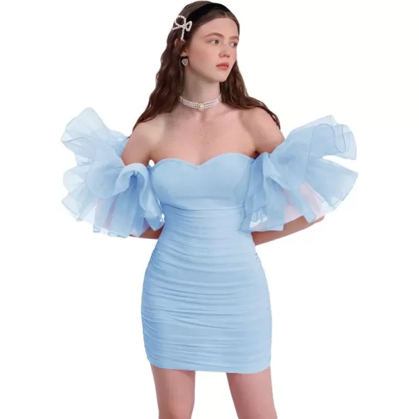 WDIRARA Women's Off Shoulder Prom Dress Puff Sleeve Ruched Mesh Cocktail Bodycon Party Elegant Mini Dresses