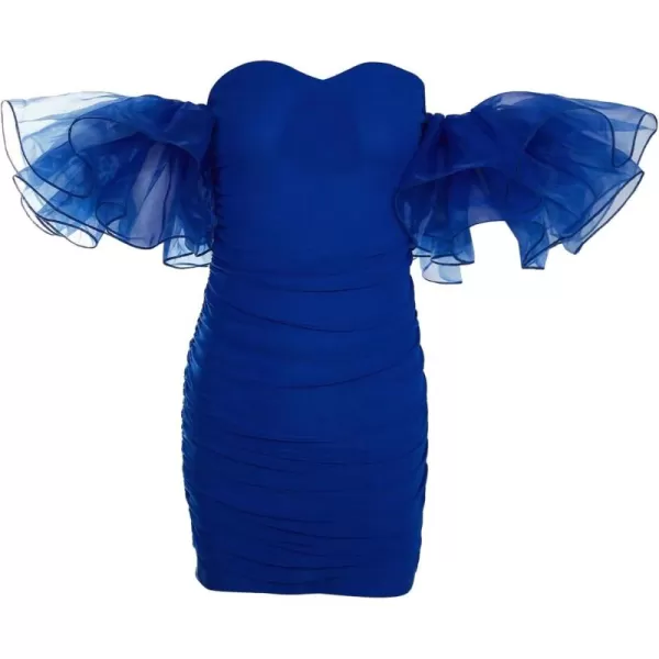 WDIRARA Women's Off Shoulder Prom Dress Puff Sleeve Ruched Mesh Cocktail Bodycon Party Elegant Mini Dresses