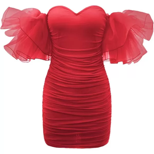 WDIRARA Women's Off Shoulder Prom Dress Puff Sleeve Ruched Mesh Cocktail Bodycon Party Elegant Mini Dresses